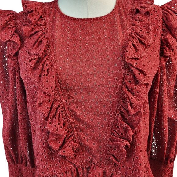 Robert Rodriguez Size 2 Designer Red Top Embroidered Eyelets Ruffles BOHO - Picture 9 of 16